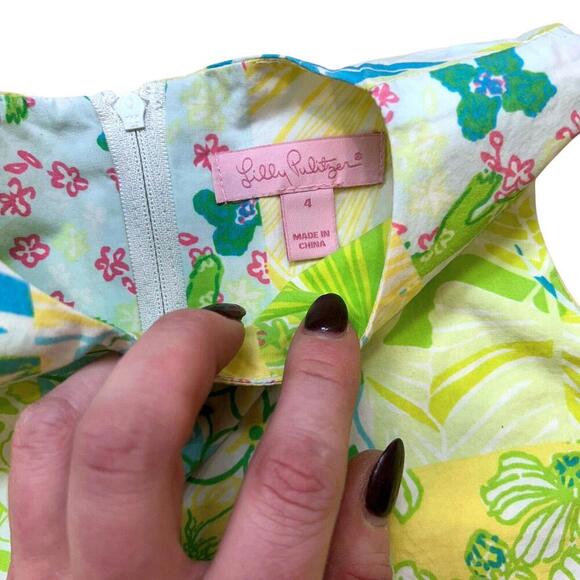 Lilly Pulitzer Girls Size 4 Cotton Floral Print Patchwork Shift Dress Yellow - Picture 4 of 13